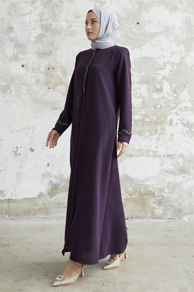 Sarmal Taş Detaylı Petek Mürdüm Ferace