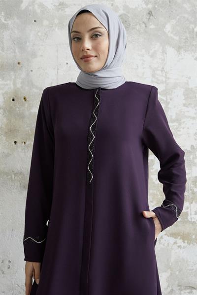 Sarmal Taş Detaylı Petek Mürdüm Ferace