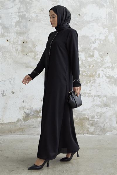 Sarmal Taş Detaylı Petek Siyah Ferace