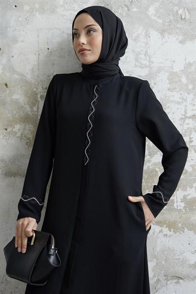 Sarmal Taş Detaylı Petek Siyah Ferace