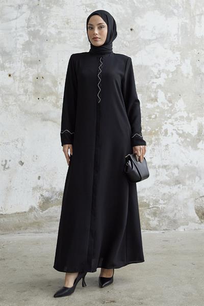 Sarmal Taş Detaylı Petek Siyah Ferace