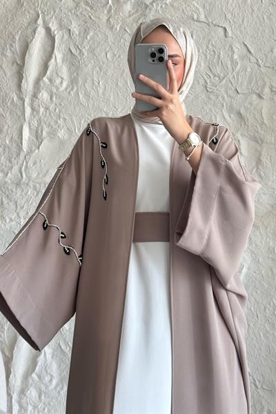 Sarmaşık Desen Taşlı Elbiseli Abaya Bej
