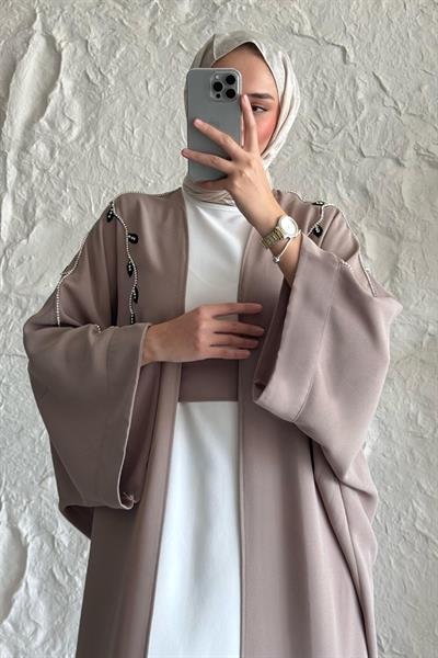 Sarmaşık Desen Taşlı Elbiseli Abaya Bej