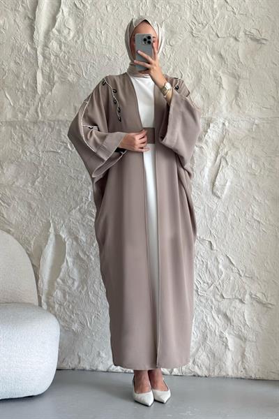 Sarmaşık Desen Taşlı Elbiseli Abaya Bej