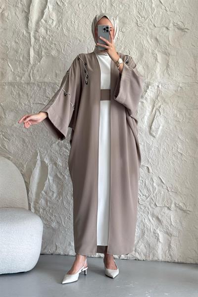 Sarmaşık Desen Taşlı Elbiseli Abaya Bej