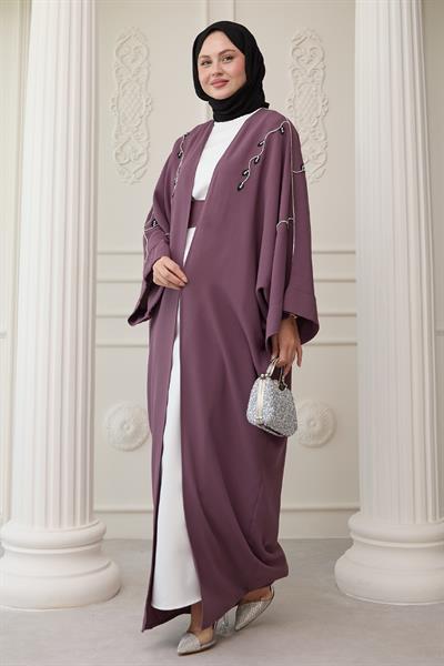 Sarmaşık Desen Taşlı Elbiseli Abaya Gül Kurusu