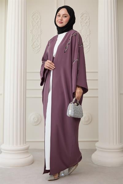 Sarmaşık Desen Taşlı Elbiseli Abaya Gül Kurusu