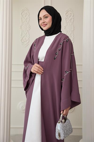 Sarmaşık Desen Taşlı Elbiseli Abaya Gül Kurusu