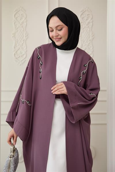 Sarmaşık Desen Taşlı Elbiseli Abaya Gül Kurusu
