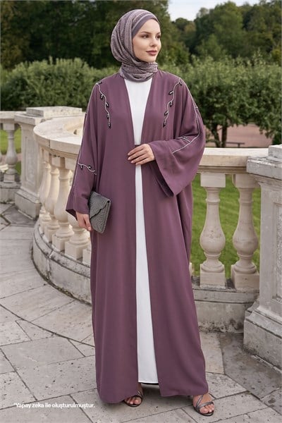 Sarmaşık Desen Taşlı Elbiseli Abaya Gül Kurusu
