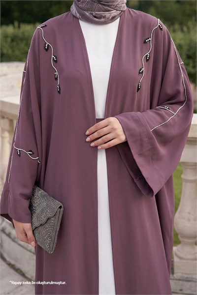 Sarmaşık Desen Taşlı Elbiseli Abaya Gül Kurusu