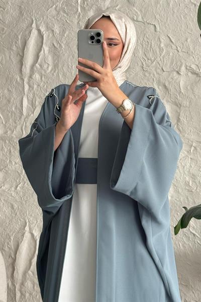 Sarmaşık Desen Taşlı Elbiseli Abaya Mint Yeşili