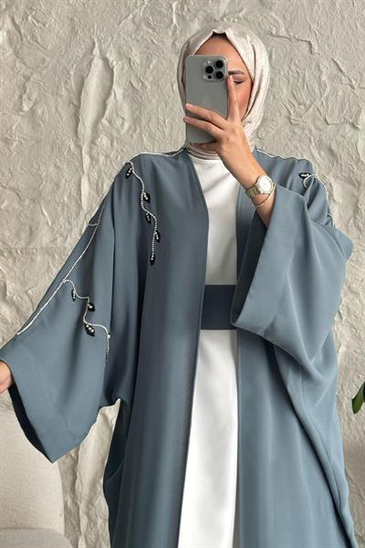 Sarmaşık Desen Taşlı Elbiseli Abaya Mint Yeşili