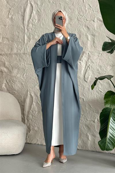 Sarmaşık Desen Taşlı Elbiseli Abaya Mint Yeşili