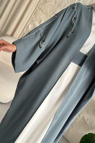 Sarmaşık Desen Taşlı Elbiseli Abaya Mint Yeşili