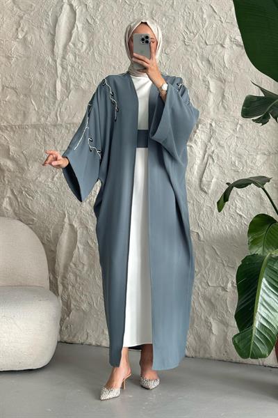 Sarmaşık Desen Taşlı Elbiseli Abaya Mint Yeşili