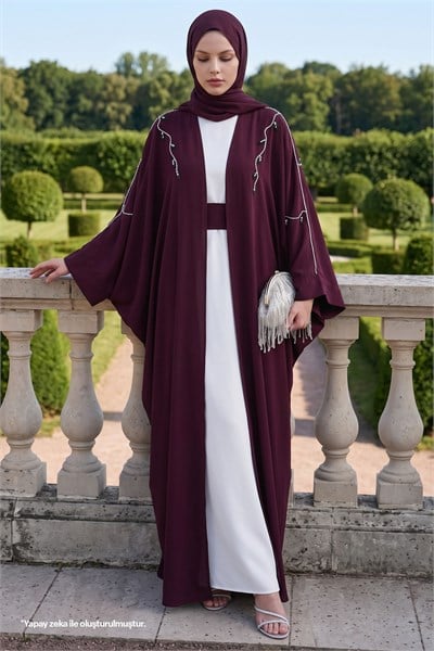 Sarmaşık Desen Taşlı Elbiseli Abaya Mürdüm