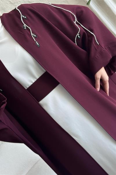 Sarmaşık Desen Taşlı Elbiseli Abaya Mürdüm