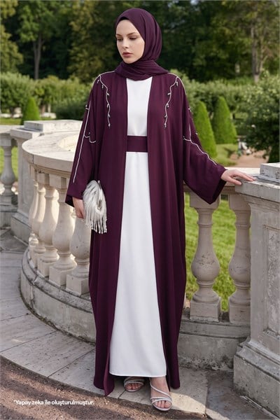 Sarmaşık Desen Taşlı Elbiseli Abaya Mürdüm