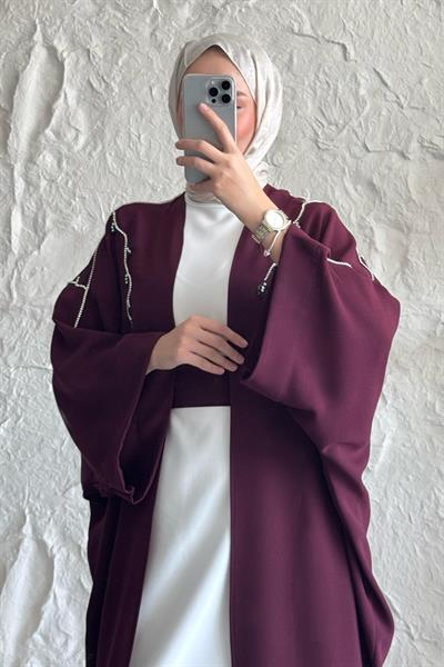 Sarmaşık Desen Taşlı Elbiseli Abaya Mürdüm