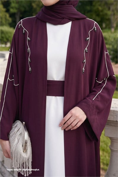 Sarmaşık Desen Taşlı Elbiseli Abaya Mürdüm