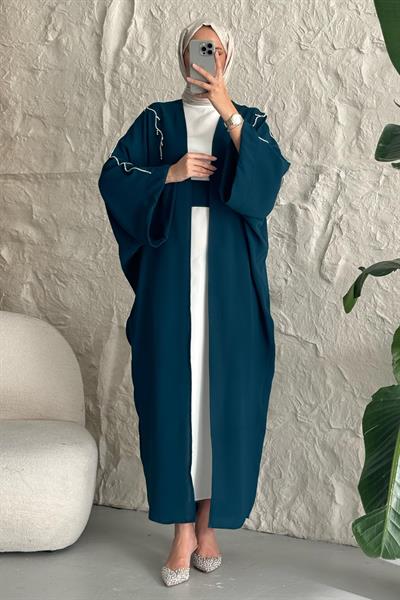 Sarmaşık Desen Taşlı Elbiseli Abaya Petrol Mavisi