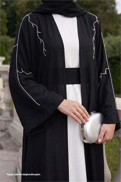 Sarmaşık Desen Taşlı Elbiseli Abaya Siyah