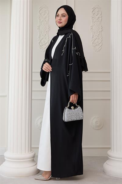 Sarmaşık Desen Taşlı Elbiseli Abaya Siyah