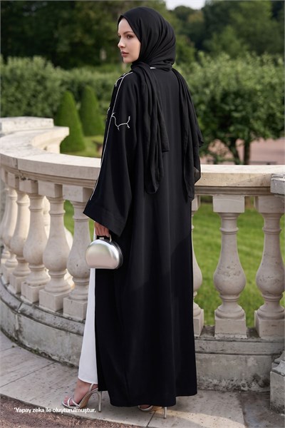 Sarmaşık Desen Taşlı Elbiseli Abaya Siyah