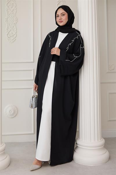 Sarmaşık Desen Taşlı Elbiseli Abaya Siyah