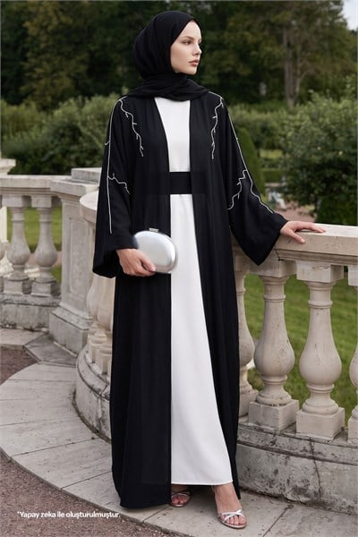 Sarmaşık Desen Taşlı Elbiseli Abaya Siyah