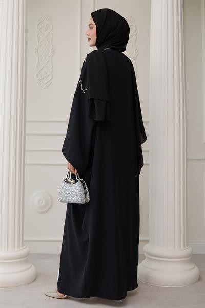 Sarmaşık Desen Taşlı Elbiseli Abaya Siyah