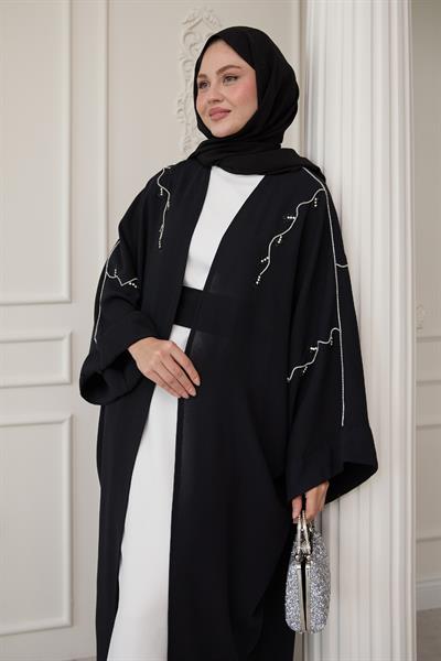 Sarmaşık Desen Taşlı Elbiseli Abaya Siyah