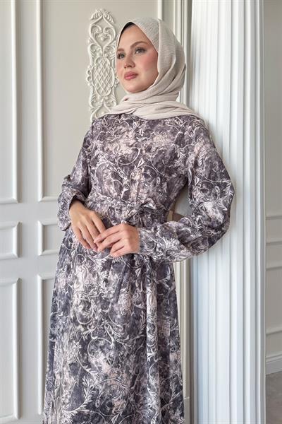 Sarmaşık Flora Desen Saten Antrasit Elbise