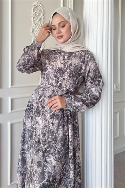 Sarmaşık Flora Desen Saten Antrasit Elbise