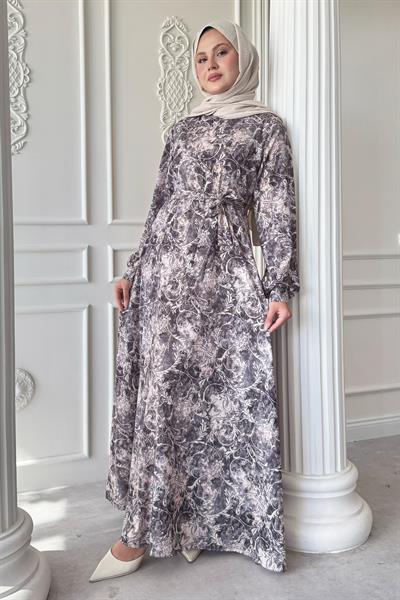 Sarmaşık Flora Desen Saten Antrasit Elbise