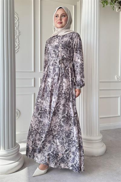 Sarmaşık Flora Desen Saten Antrasit Elbise