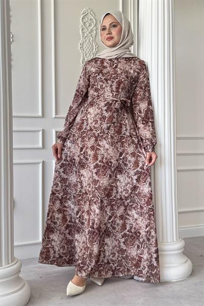 Sarmaşık Flora Desen Saten Kahverengi Elbise