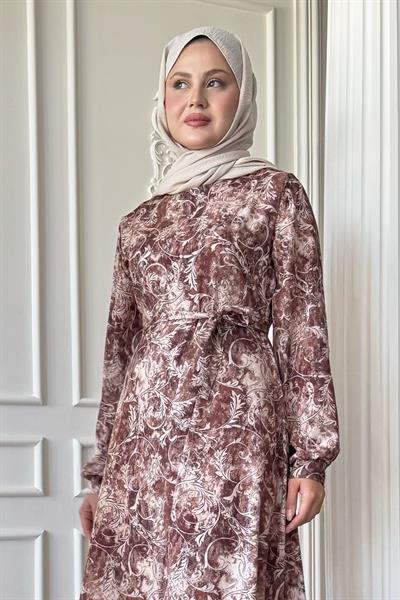 Sarmaşık Flora Desen Saten Kahverengi Elbise