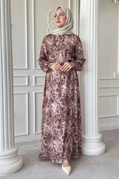 Sarmaşık Flora Desen Saten Kahverengi Elbise