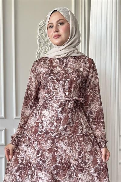Sarmaşık Flora Desen Saten Kahverengi Elbise