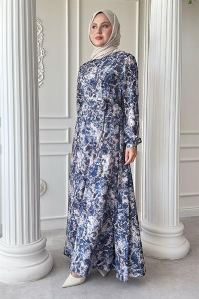 Sarmaşık Flora Desen Saten Mavi Elbise
