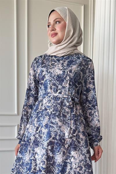 Sarmaşık Flora Desen Saten Mavi Elbise