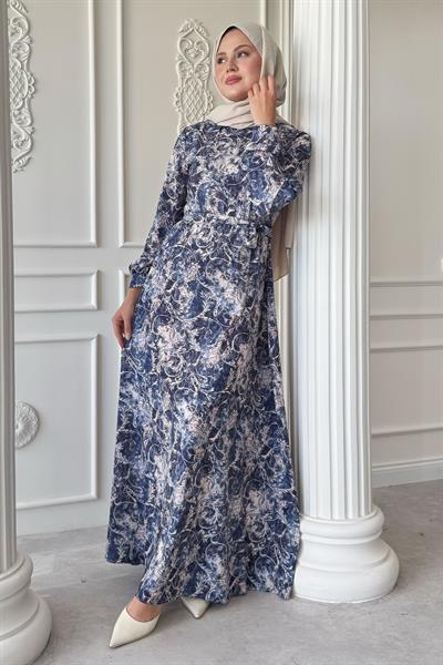 Sarmaşık Flora Desen Saten Mavi Elbise