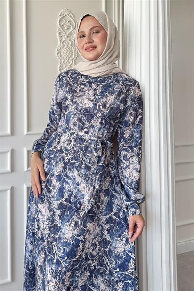 Sarmaşık Flora Desen Saten Mavi Elbise