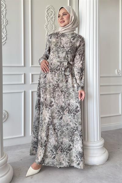 Sarmaşık Flora Desen Saten Yeşil Elbise