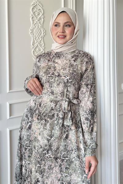 Sarmaşık Flora Desen Saten Yeşil Elbise