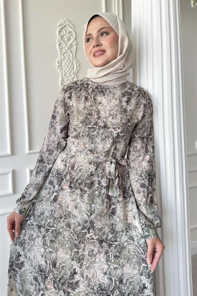 Sarmaşık Flora Desen Saten Yeşil Elbise