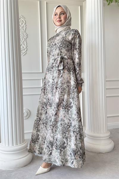 Sarmaşık Flora Desen Saten Yeşil Elbise