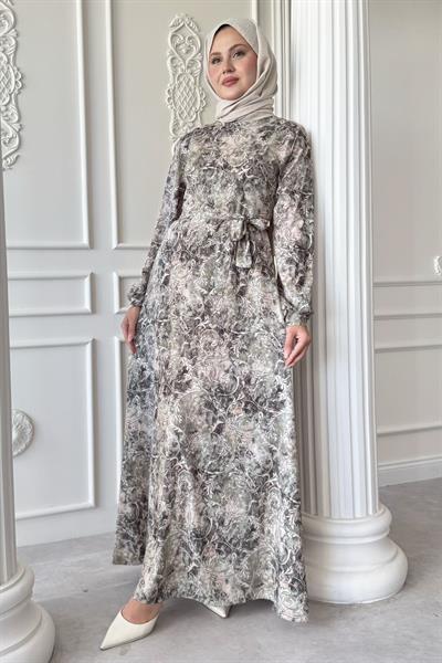 Sarmaşık Flora Desen Saten Yeşil Elbise